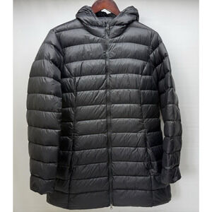 Eddie Bauer Down Puffer Jacket Womens Large Black EB650 Hooded Quilted